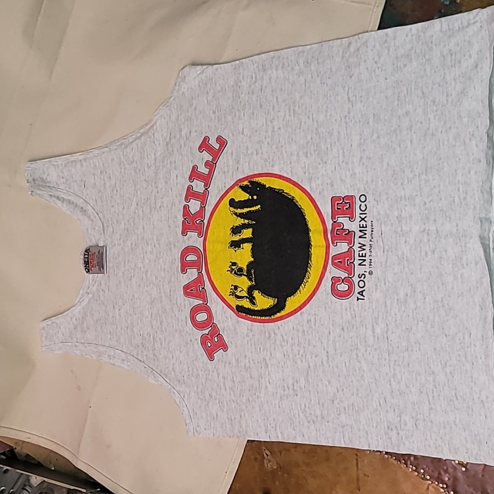Vintage. Made in USA. Roadkill Cafe. Taos, New Mexico. Tank-top size Medium